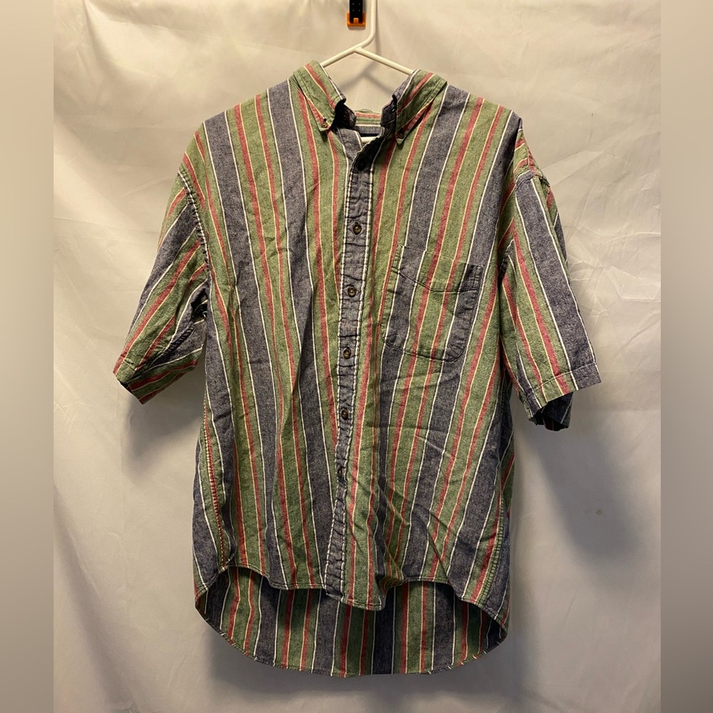 Vintage 90s Striped Linen Blend Button Down Short Sleeve Shirt Large Colorful